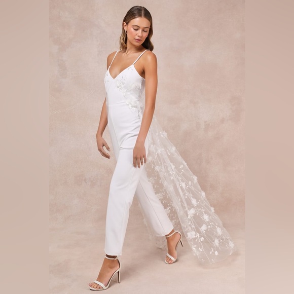 Lulus Extreme Elegance White Mesh Floral Embroidered Cape Jumpsuit - Picture 4 of 9